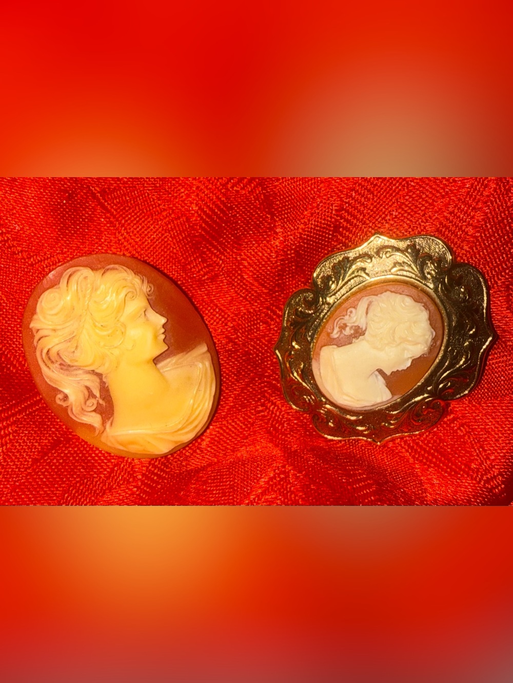 Vintage Cameo Brooch — White on Brown Resin with Gold Frame